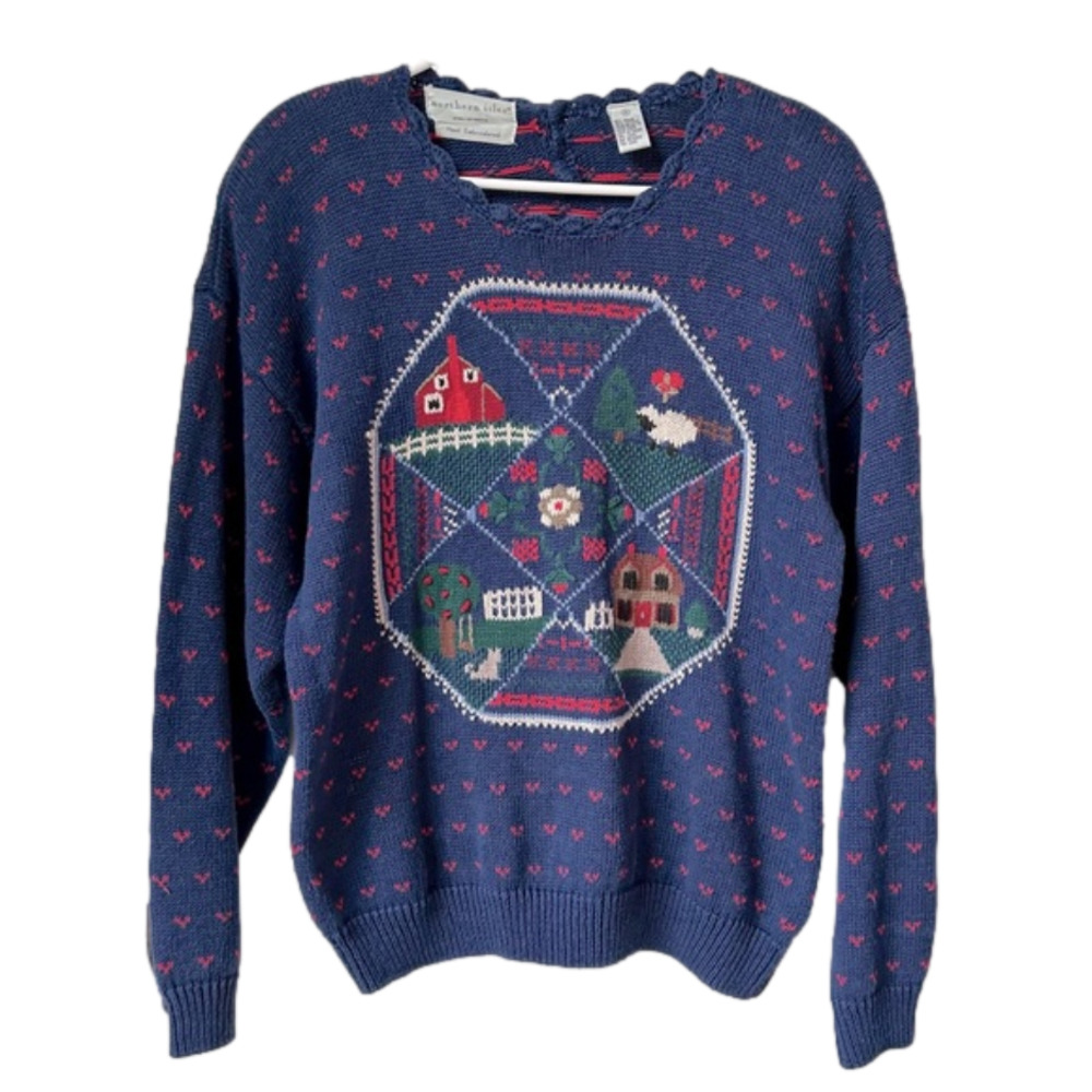 Vintage Northern Isles Hand Embroidered Knit Navy Cottage Sweater Size Medium